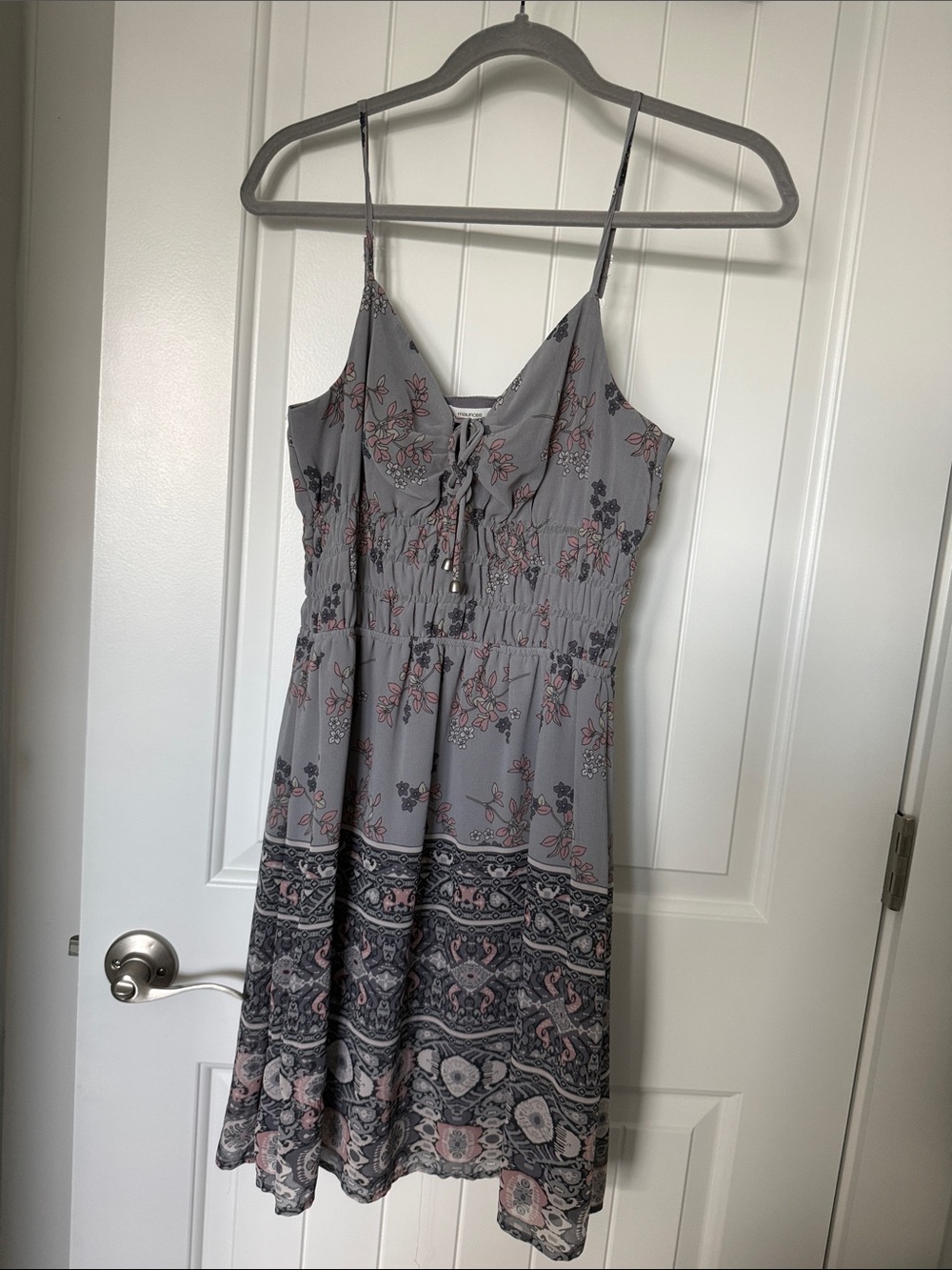Maurices Grey and Pink Floral Tie-Front Mini Dress